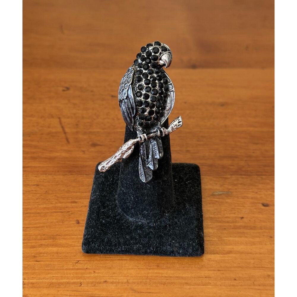 Vintage Style Parrot Stretch Ring Silver Tone Black Gray Rhinestone Bird Sz 7-8
